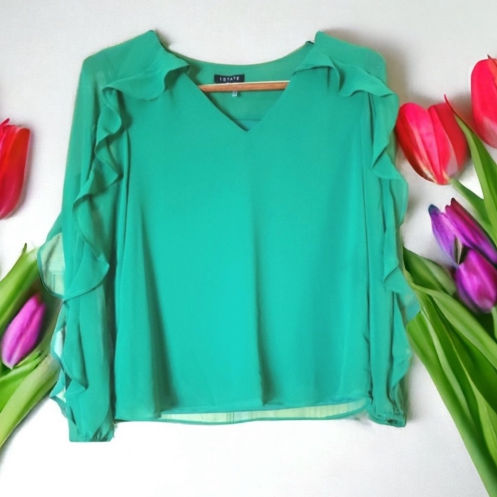 1.State green ruffle front blouse NWT